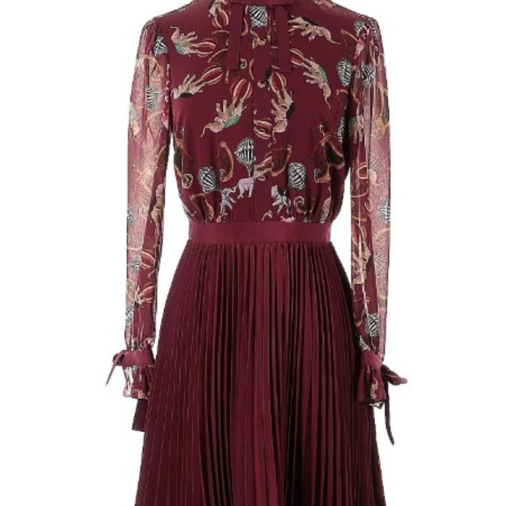Burgundy Circus Elephant Print Pleated Chiffon A-Line Dress Ted baker